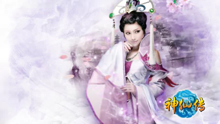 Asian woman in Jade Dynasty fantasy cosplay in ornate robes and headpiece, presented as an HD PC desktop wallpaper and background with soft purple blossoms.