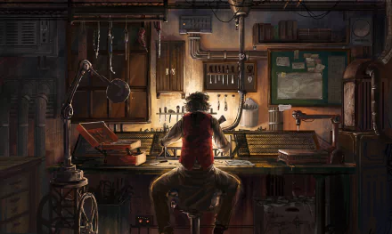 An atmospheric anime room featuring a character focused on a workbench surrounded by tools and dim lighting, creating a captivating HD desktop wallpaper and background.