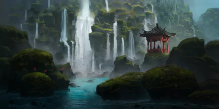 HD anime wallpaper featuring a serene original artwork of a traditional Japanese pavilion by a tranquil waterscape surrounded by towering cliffs and cascading waterfalls.
