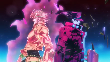 HD desktop wallpaper featuring blonde Dio Brando and Jotaro Kujo from JoJo's Bizarre Adventure: Stardust Crusaders, both striking powerful poses with vivid purple and blue hues.