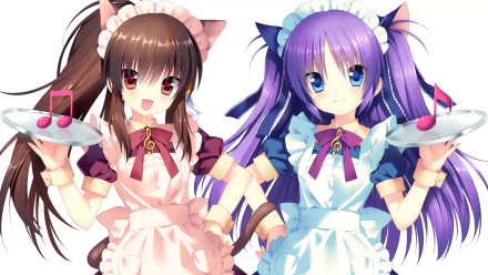 HD anime desktop wallpaper featuring two Little Busters! characters dressed in cat-eared maid outfits, holding trays with music note symbols.