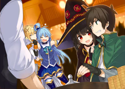 An HD desktop wallpaper featuring characters from KonoSuba: Kazuma Satou, Darkness, Megumin, and Aqua in a lively scene, capturing the humor and charm of KonoSuba - God's Blessing on This Wonderful World!
