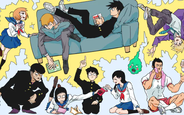 Colorful HD anime wallpaper featuring characters from Mob Psycho 100, showcasing a dynamic scene with friends, comedy, and supernatural elements. Bright and engaging background design.