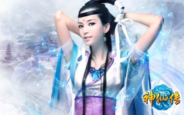 HD PC wallpaper featuring an Asian woman in fantasy cosplay inspired by Jade Dynasty, dressed in flowing garments with ethereal blue and white tones.