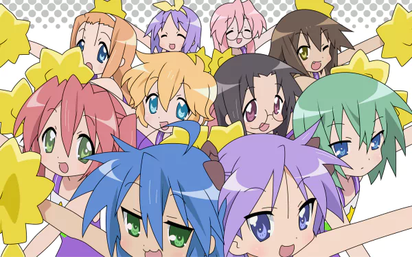 HD PC desktop wallpaper featuring colorful chibi characters from the anime Lucky Star, arranged in a cheerful group pose with star-shaped accessories.