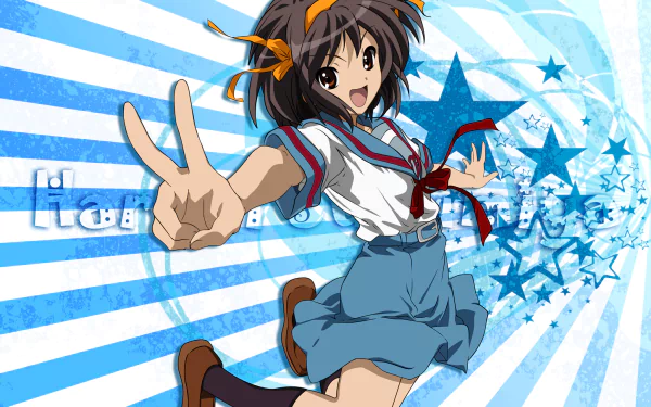 HD anime desktop wallpaper featuring Haruhi Suzumiya from The Melancholy of Haruhi Suzumiya, striking a lively pose with vibrant blue star patterns in the background.