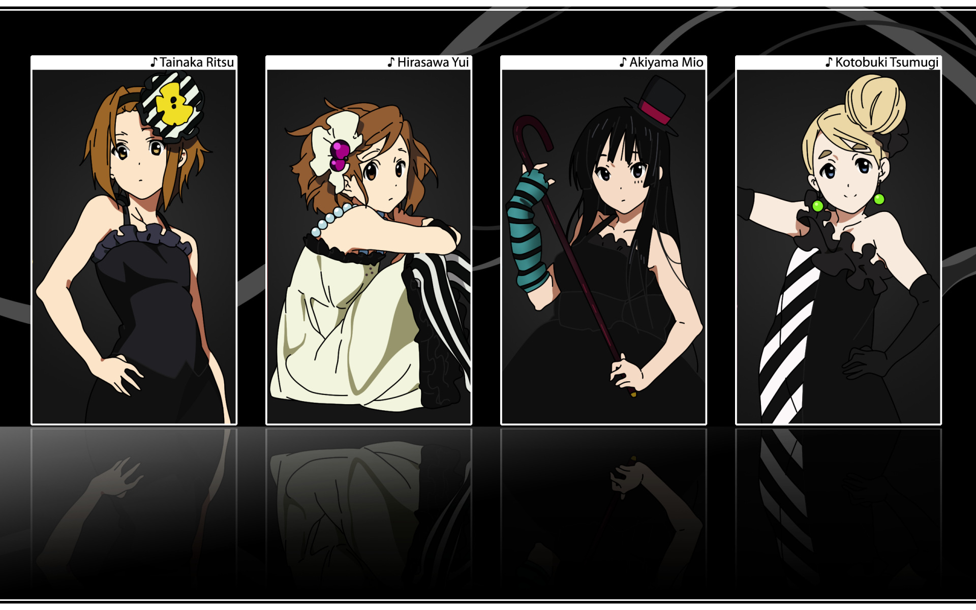 HD PC desktop wallpaper featuring Tsumugi Kotobuki, Mio Akiyama, Yui Hirasawa, and Ritsu Tainaka from the anime K-ON! in stylish black outfits.