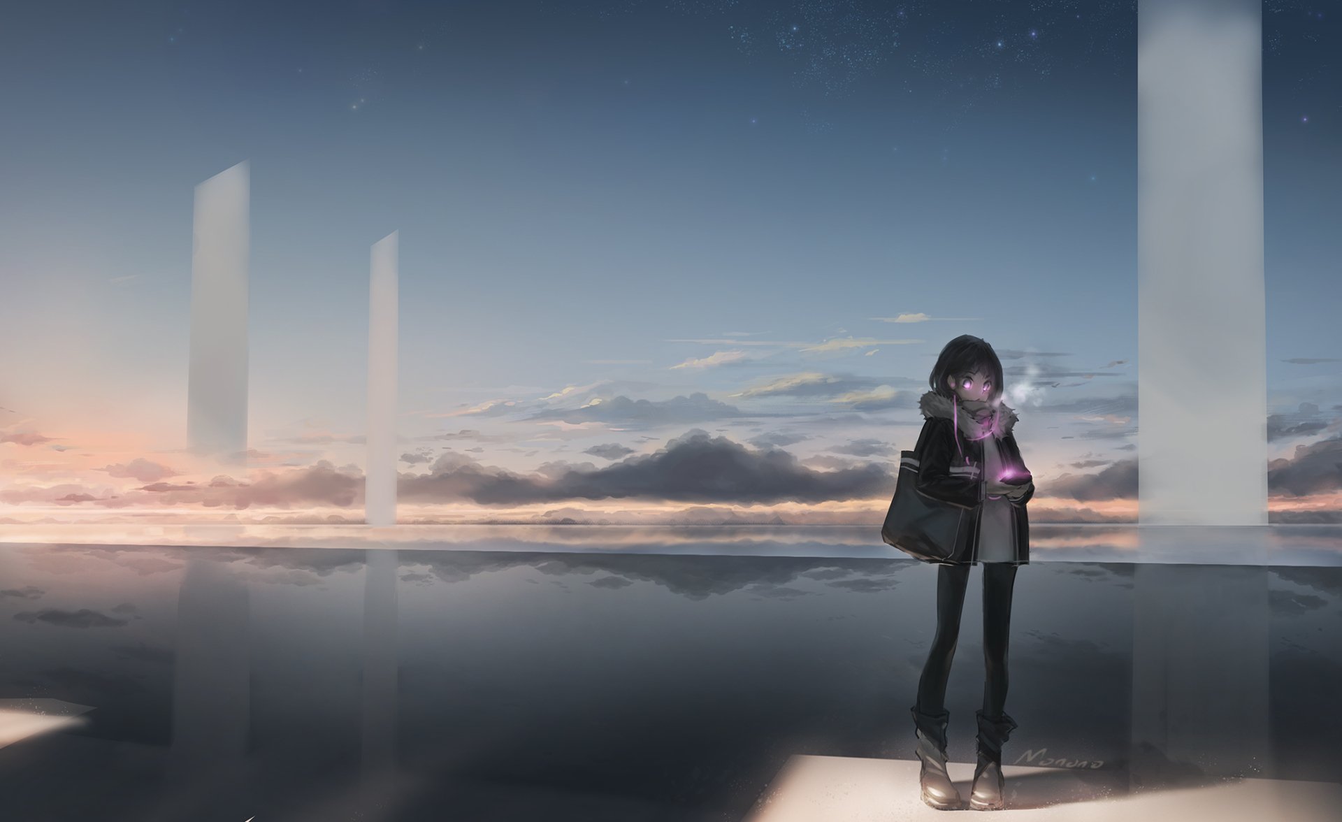 Anime-style original HD PC desktop wallpaper featuring a solitary figure standing on a reflective surface with tall, glowing pillars against a serene dusk sky.