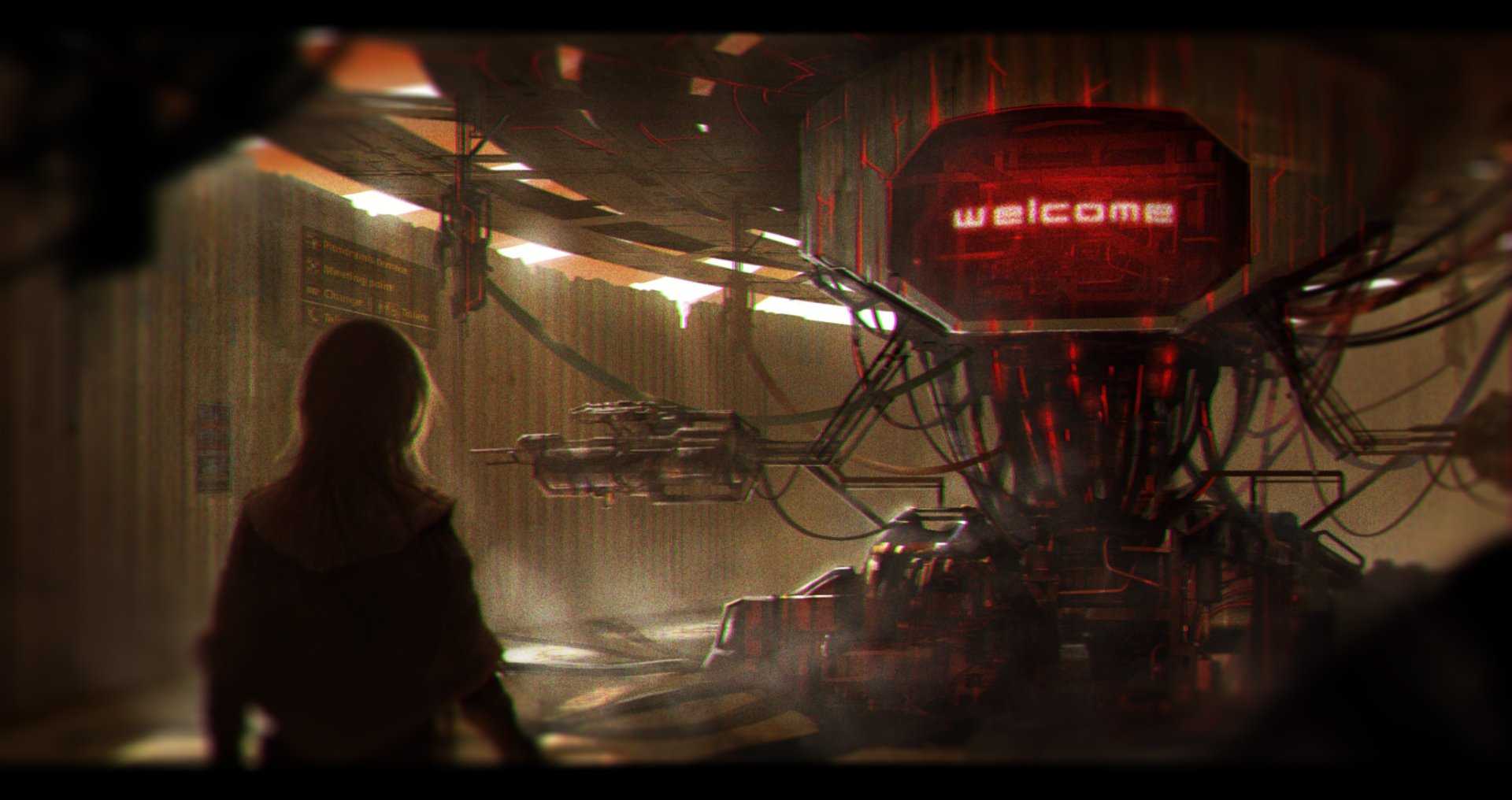 Anime sci‑fi HD PC desktop wallpaper: silhouetted figure faces a towering, cable‑laced mech with a glowing red welcome display in a dim, rain‑slick industrial corridor.