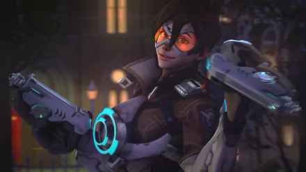 HD PC desktop wallpaper featuring Tracer, a character from the video game Overwatch, shown with her signature goggles and dual pulse pistols in a dynamic pose.