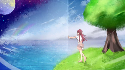 Anime-style HD desktop wallpaper featuring Rin from Shelter standing on a grassy cliff beside a large tree, gazing at a vibrant sky blending day and night.