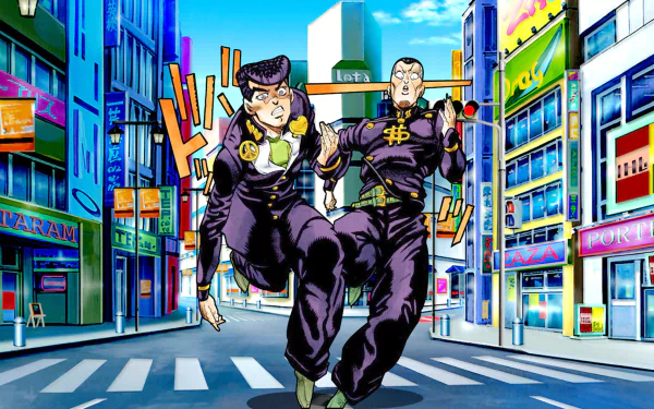 HD PC desktop wallpaper showing Okuyasu Nijimura and Josuke Higashikata from JoJo's Bizarre Adventure striding down a vibrant anime city street.