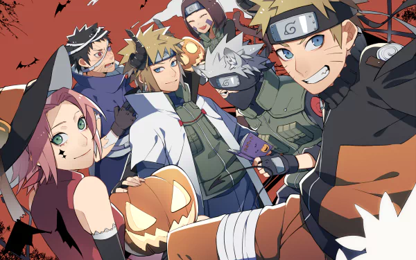 A vibrant Halloween-themed wallpaper featuring Naruto Uzumaki, Sakura Haruno, Kakashi Hatake, Minato Namikaze, Obito Uchiha, and Rin Nohara with a pumpkin and witch hat.