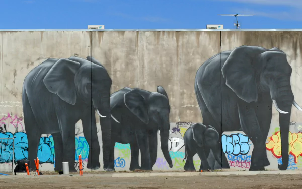 A vibrant mural of a family of elephants painted on a concrete wall, surrounded by colorful graffiti, captured in high definition as a desktop wallpaper.