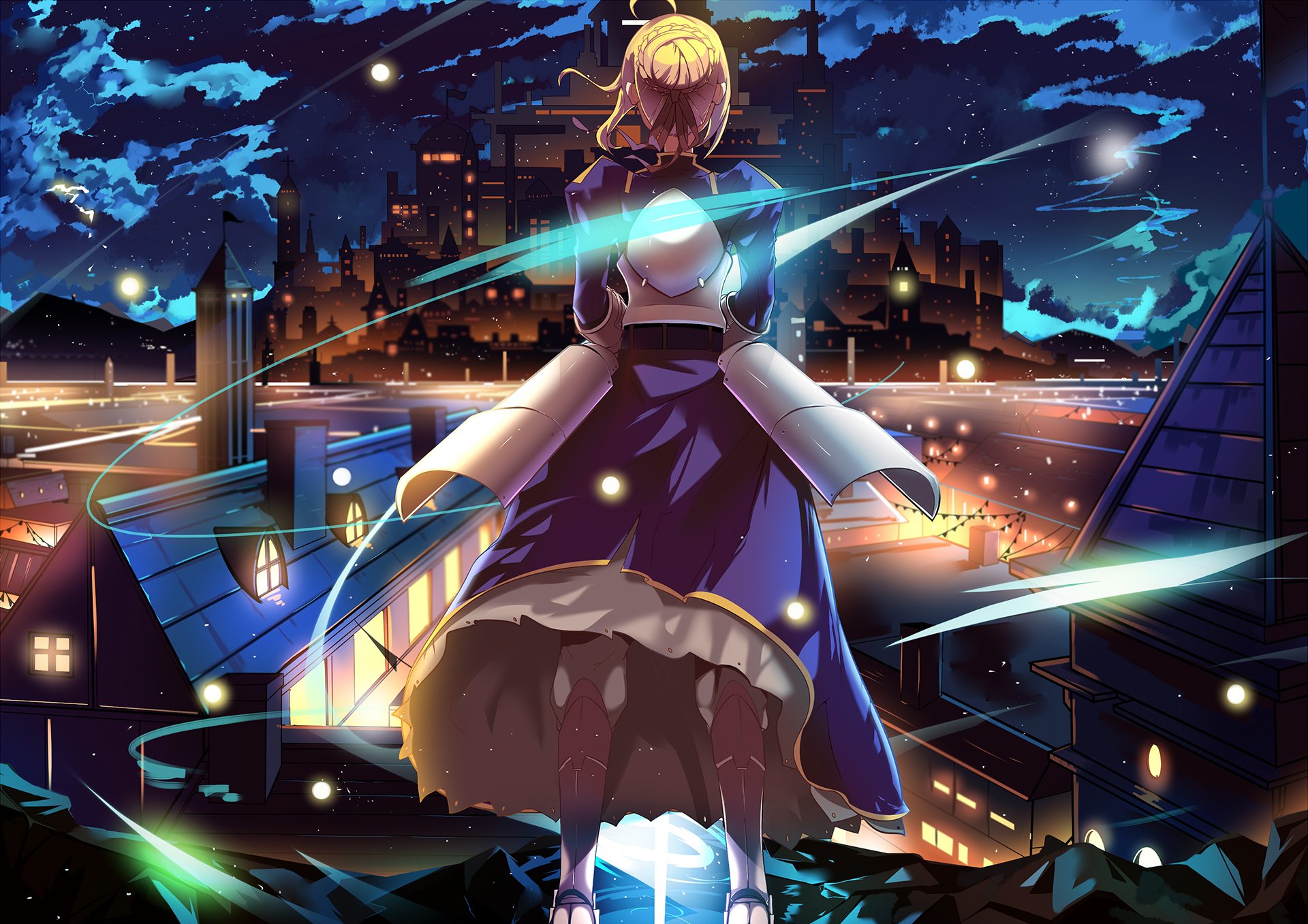 HD PC desktop wallpaper featuring Saber from Fate/Stay Night, standing with glowing sword energy against a vibrant nighttime cityscape in anime style.