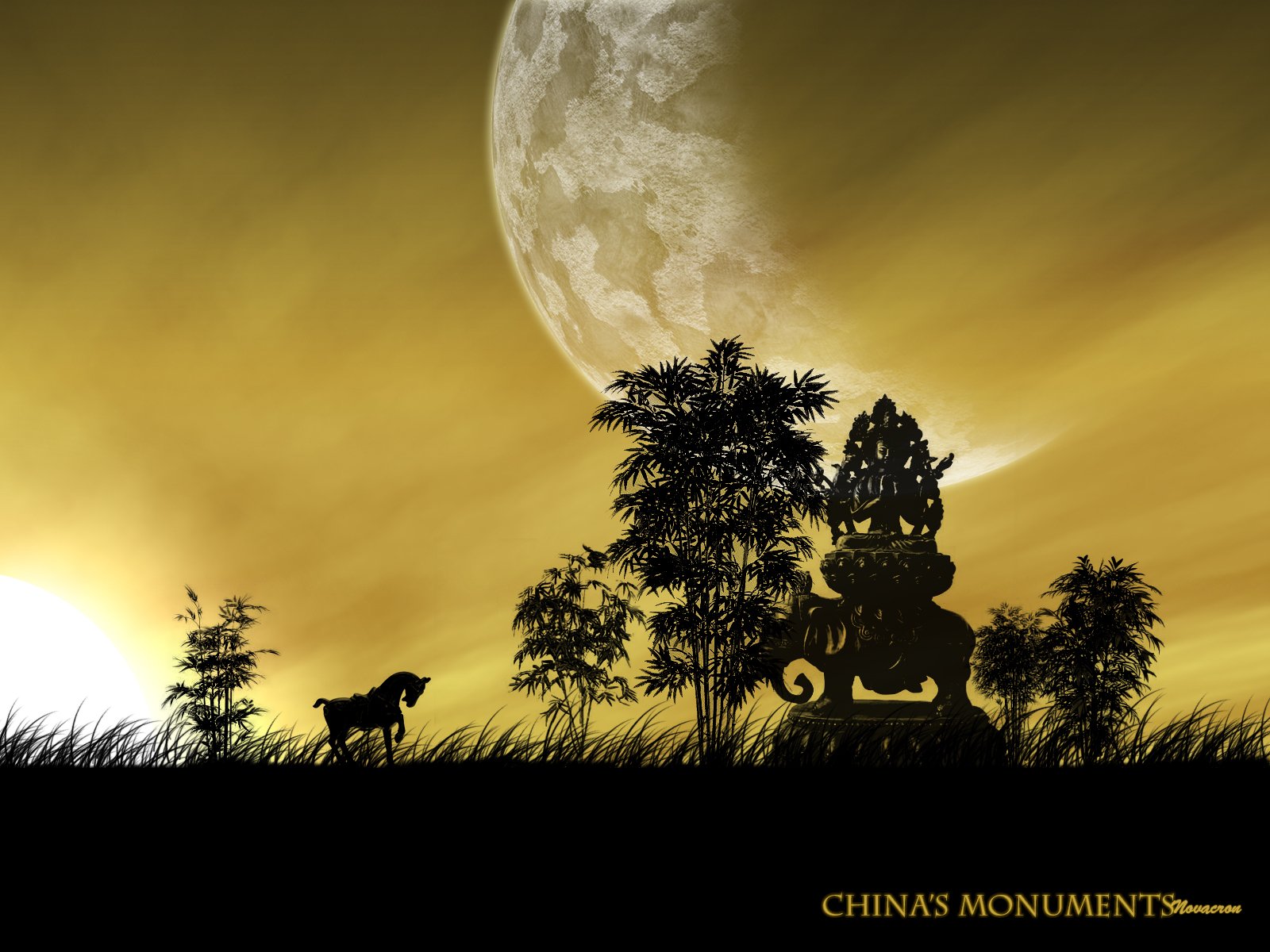 HD fantasy PC desktop wallpaper depicting a silhouetted horse and ornate statue against a large glowing moon and golden sky backdrop.