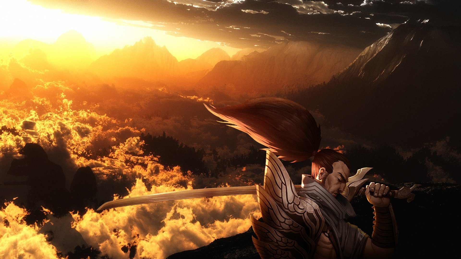 HD PC desktop wallpaper featuring Yasuo from League of Legends, set against a dramatic sunset sky with vibrant clouds and mountainous terrain.