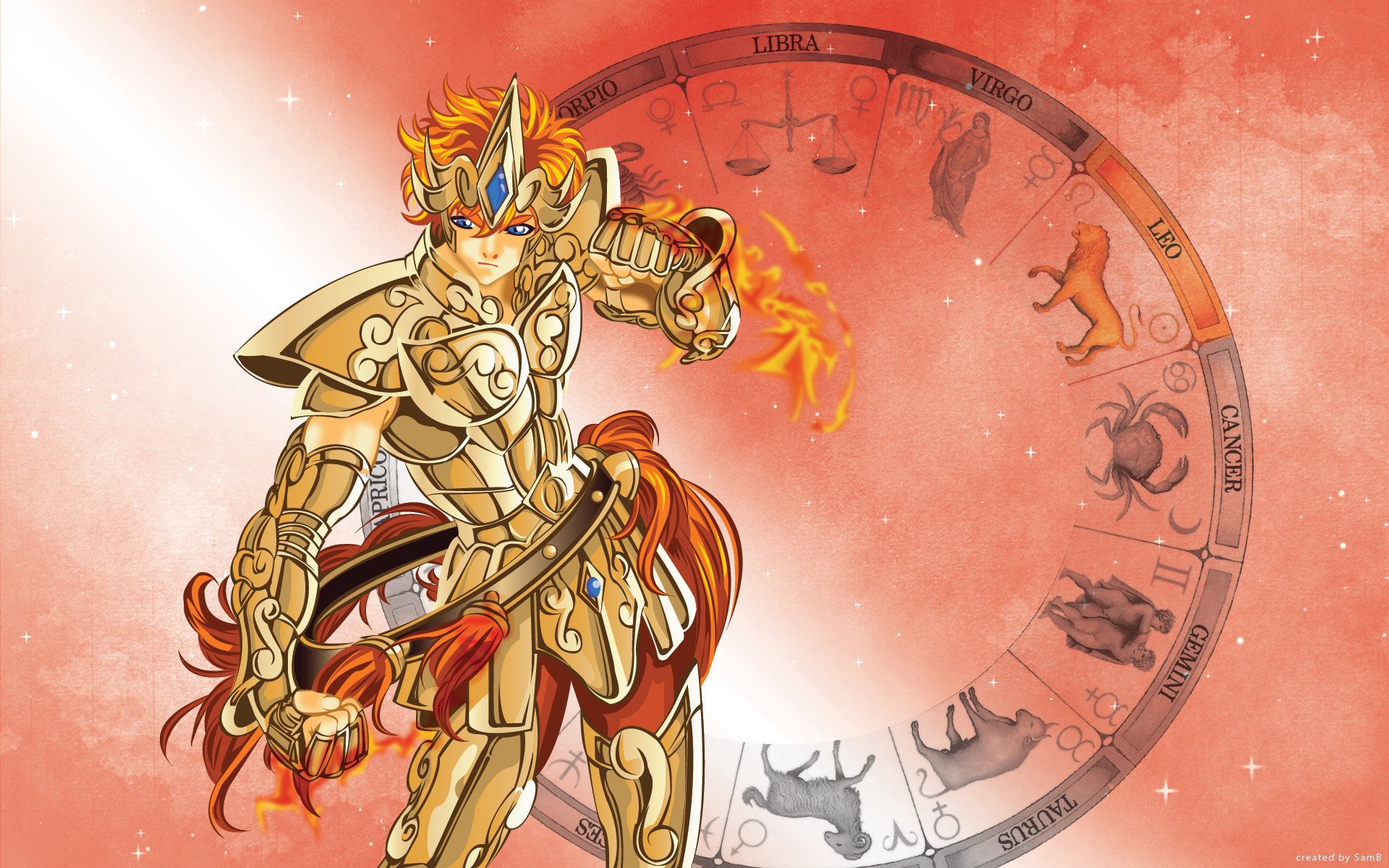 HD PC desktop wallpaper featuring an anime-style Saint Seiya character in golden armor, set against a zodiac wheel background with warm, fiery tones.