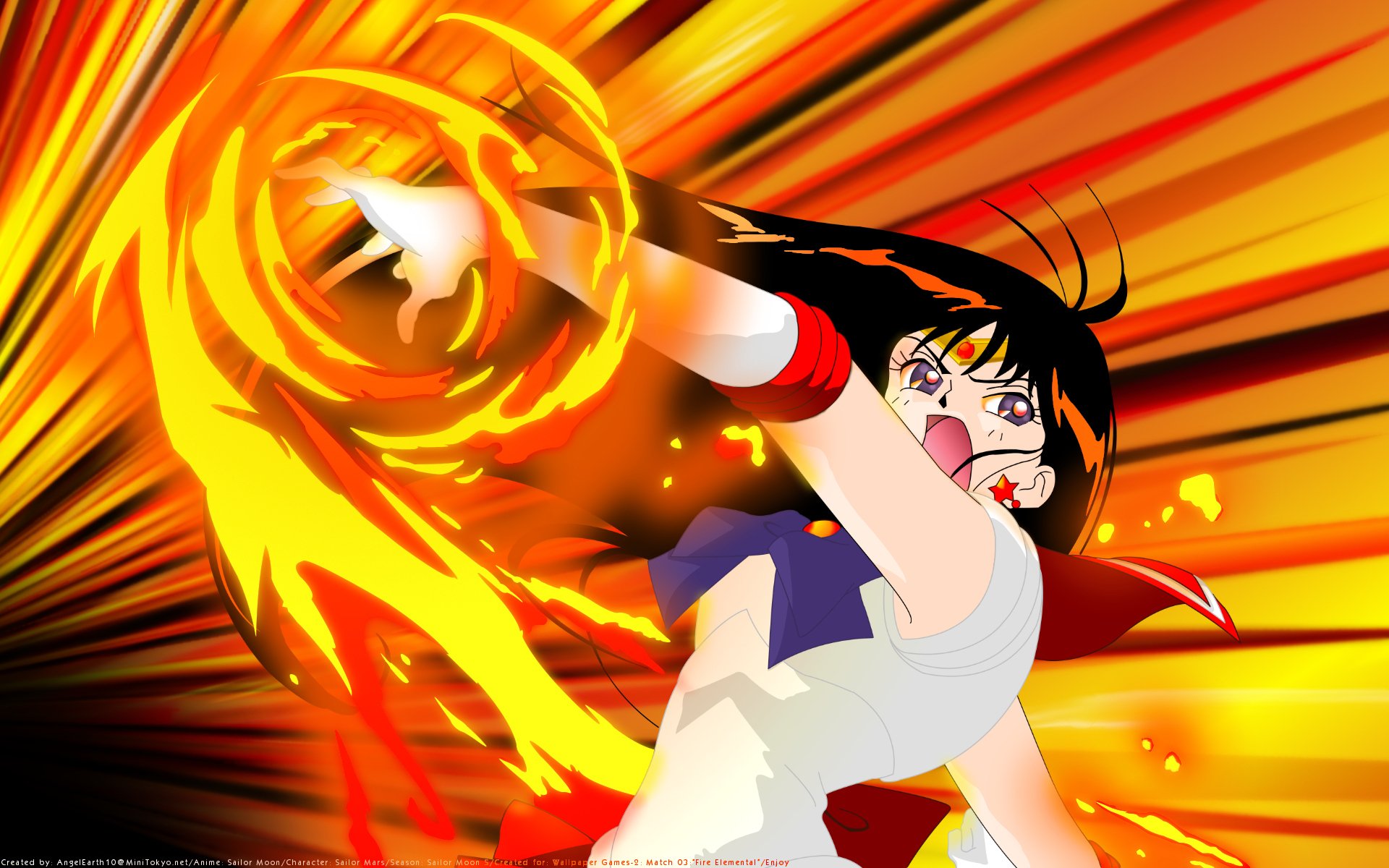 HD PC desktop wallpaper featuring an intense action scene from the anime Sailor Moon, highlighting a character unleashing a fiery attack with vibrant orange and red flames.