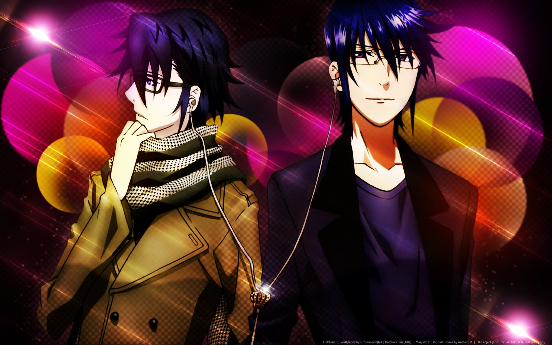 Anime HD PC desktop wallpaper (K Project): two dark-haired male characters linked by an earphone cord, one in a scarf and coat, set against glowing pink and gold bokeh lights.