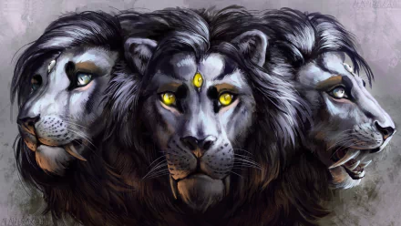 HD fantasy desktop wallpaper featuring a majestic three-headed lion with glowing yellow eyes and a mystical gem on its forehead against a dark, smoky background.