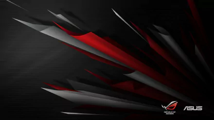 Abstract HD desktop wallpaper featuring sharp red and gray geometric shapes with the Republic of Gamers and Asus ROG logos representing advanced technology.