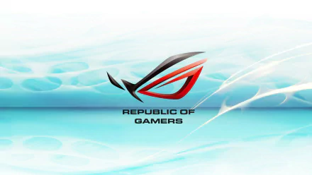 A sleek HD desktop wallpaper featuring the Republic of Gamers logo by Asus ROG, set against a fluid, light blue background, embodying cutting-edge technology and gaming culture.