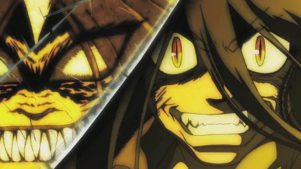 HD PC wallpaper of Ushio Aotsuki and Tora from the anime Ushio & Tora, split close-up with wild, toothy grins and glowing yellow eyes against a shadowed, intense background.