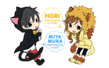 HD PC desktop wallpaper featuring chibi-style anime characters Hori and Miyamura from Hori-san To Miyamura-kun, dressed in cat and lion costumes.