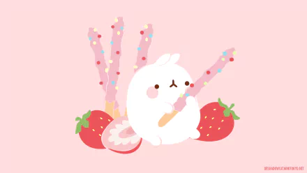 Anime-style HD PC wallpaper featuring Molang, a cute white bunny holding a pink stick, surrounded by strawberries and snack sticks on a soft pink background.