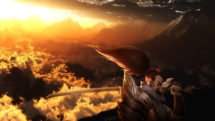 HD PC desktop wallpaper featuring Yasuo from League of Legends, set against a dramatic sunset sky with vibrant clouds and mountainous terrain.