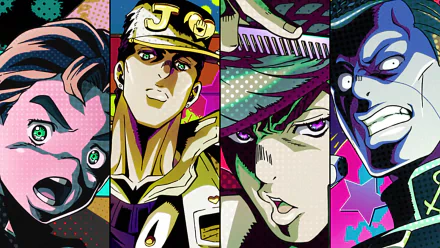 A vibrant HD wallpaper featuring characters Koichi Hirose, Jotaro Kujo, Okuyasu Nijimura, and Josuke Higashikata from the anime Jojo's Bizarre Adventure.
