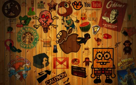 HD desktop wallpaper featuring various technology and website-themed stickers on a wooden background.