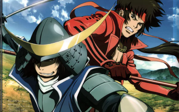 4K Ultra HD anime wallpaper featuring dynamic characters from Sengoku Basara in action, set against a bright blue sky and open field background.