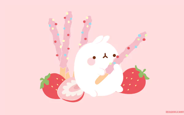 Anime-style HD PC wallpaper featuring Molang, a cute white bunny holding a pink stick, surrounded by strawberries and snack sticks on a soft pink background.