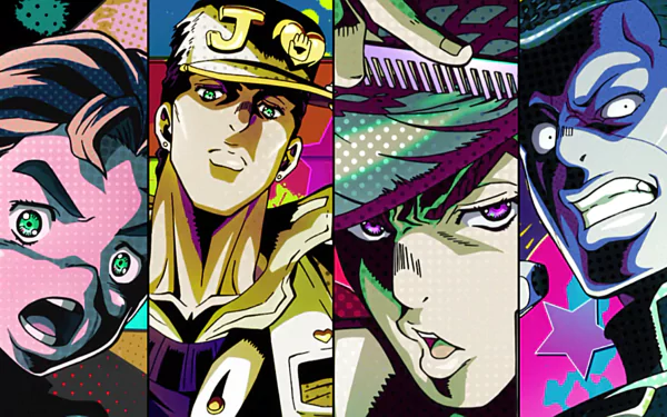 A vibrant HD wallpaper featuring characters Koichi Hirose, Jotaro Kujo, Okuyasu Nijimura, and Josuke Higashikata from the anime Jojo's Bizarre Adventure.