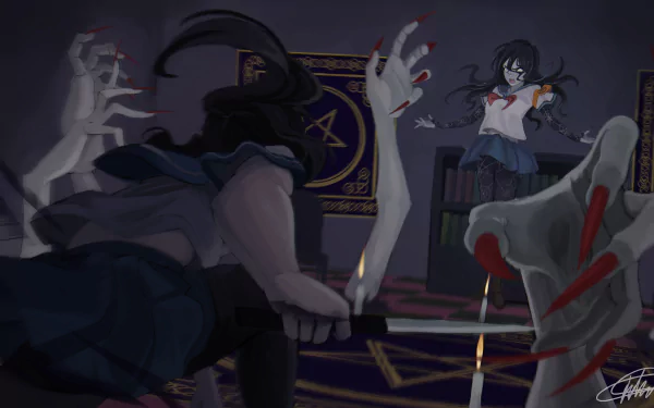 A dynamic HD wallpaper featuring Ayano Aishi, also known as Yandere-chan, facing ominous figures in a dark setting, capturing the intense atmosphere of Yandere Simulator.