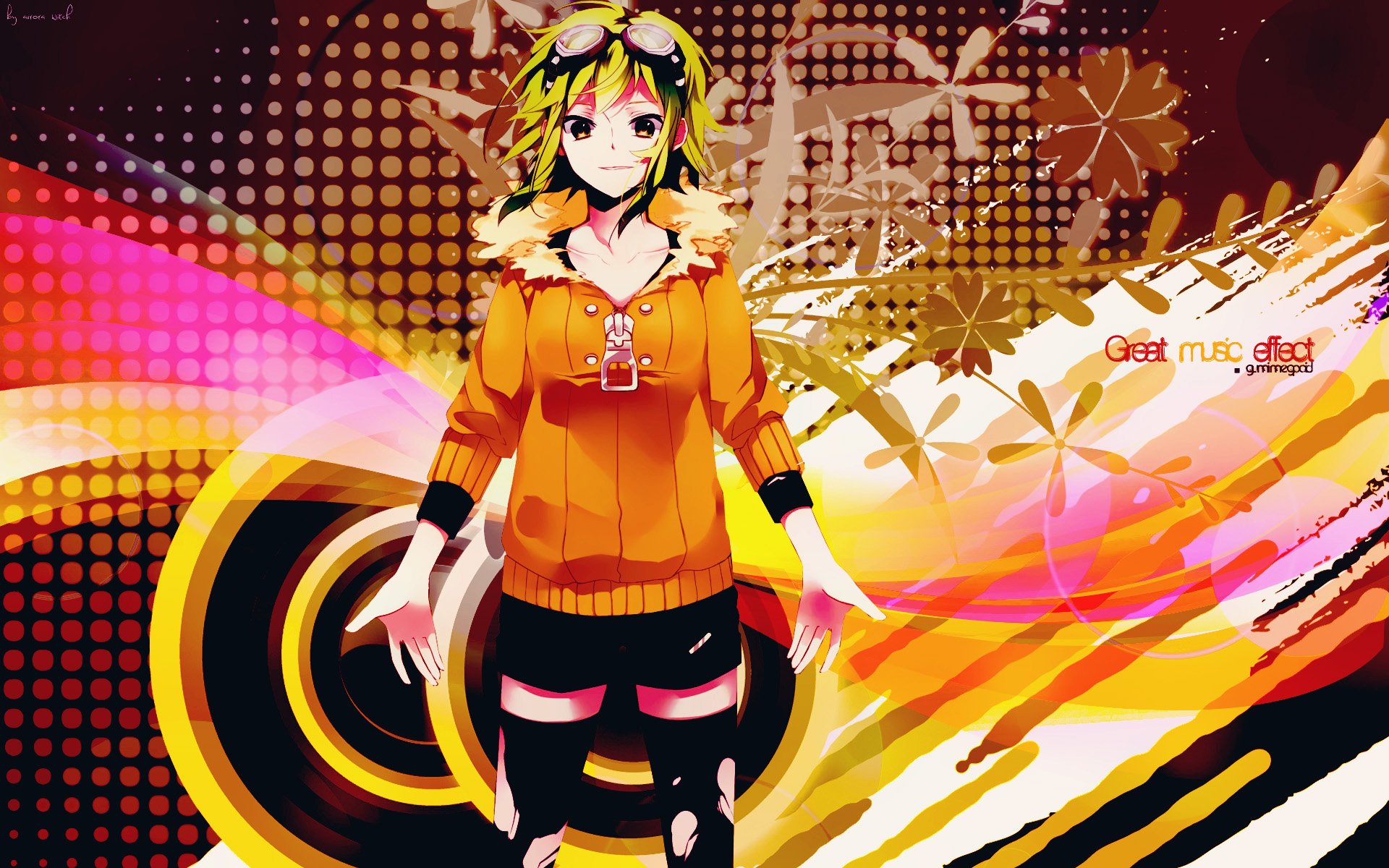 HD PC desktop wallpaper featuring GUMI from Vocaloid in bright orange and black with abstract colorful patterns and floral designs in an anime style.