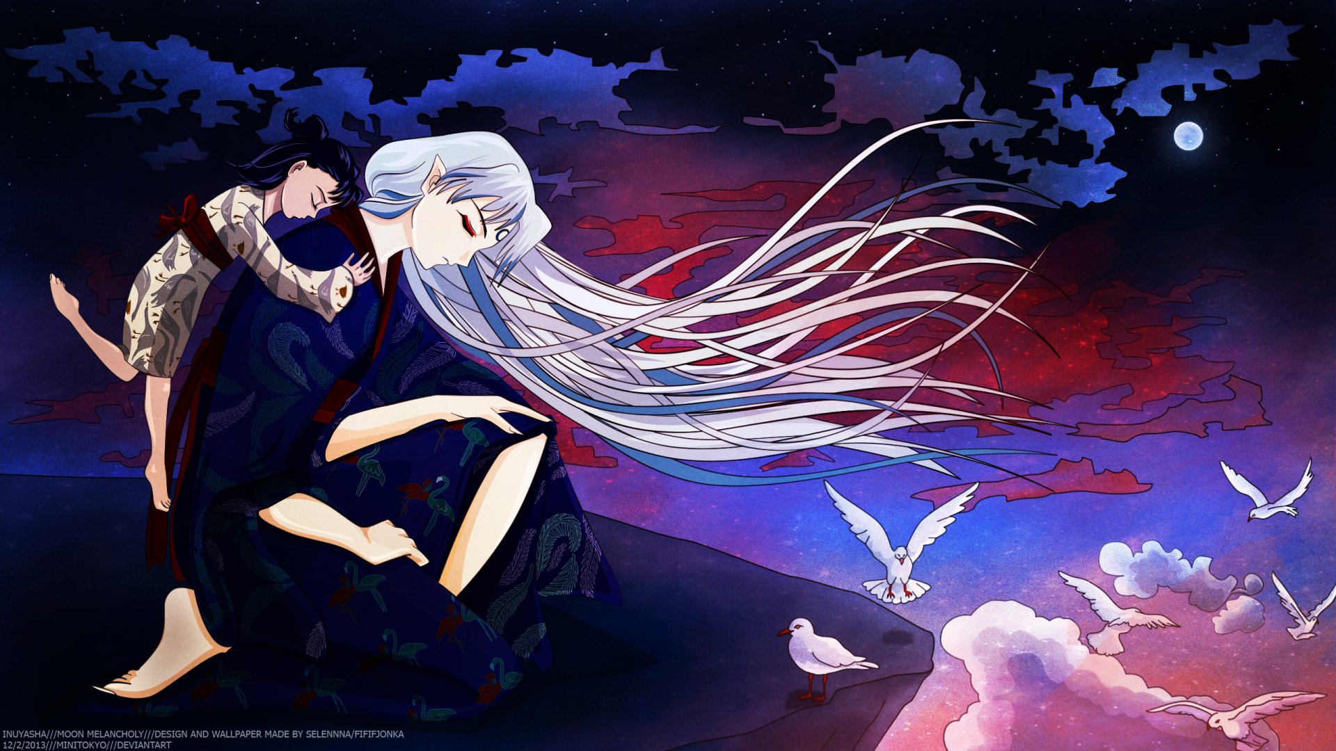 A serene anime scene from InuYasha featuring a character with long silver hair and a companion, set against a vibrant sky with birds and a moonlit backdrop. Great as a HD desktop wallpaper.