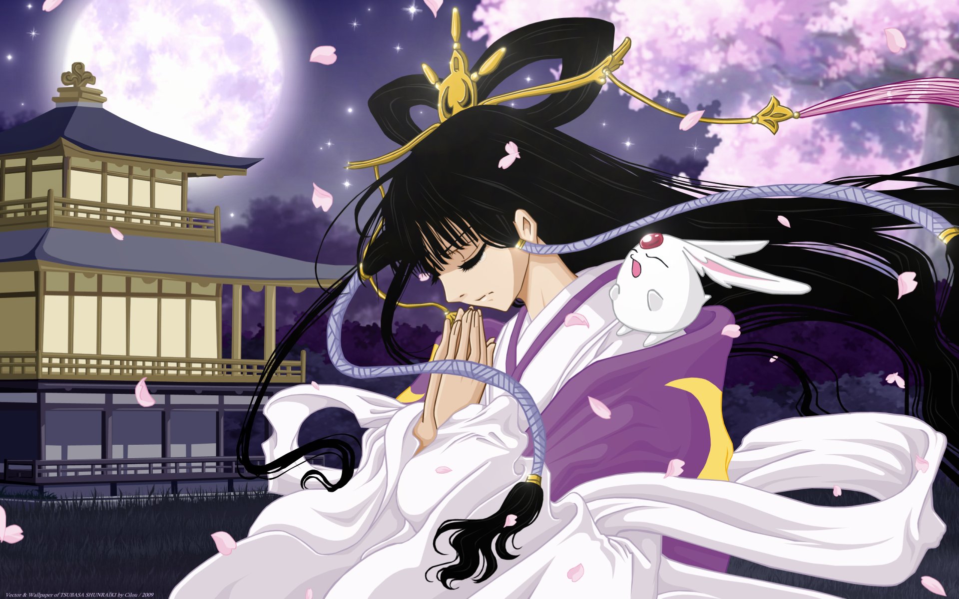 Anime-style HD desktop wallpaper from Tsubasa: Reservoir Chronicle, depicting a serene character in traditional attire with a full moon and temple in the background under falling cherry blossoms.