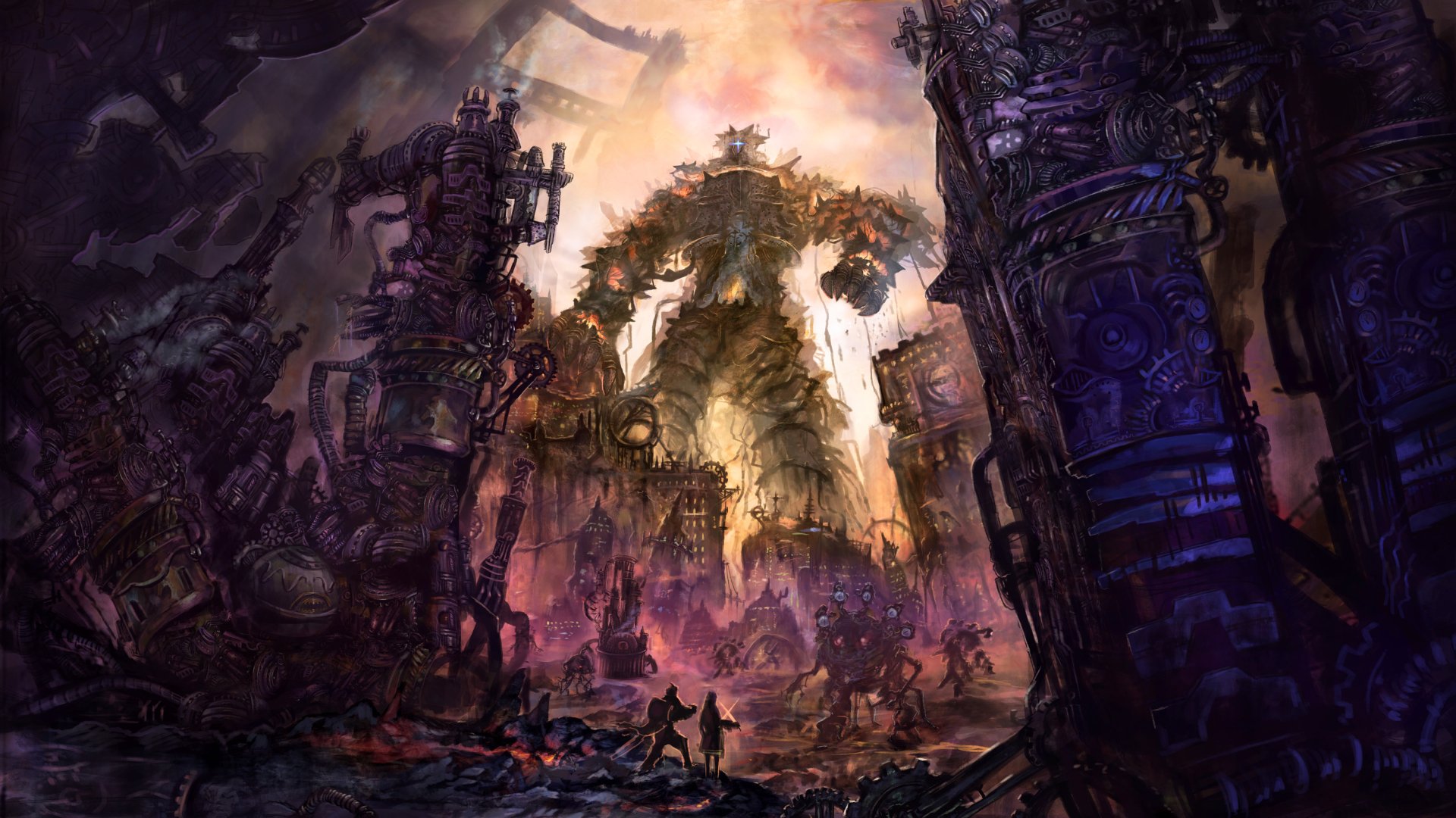 A dramatic anime scene featuring towering robotic figures amid a dystopian landscape, creating a captivating HD desktop wallpaper and background.