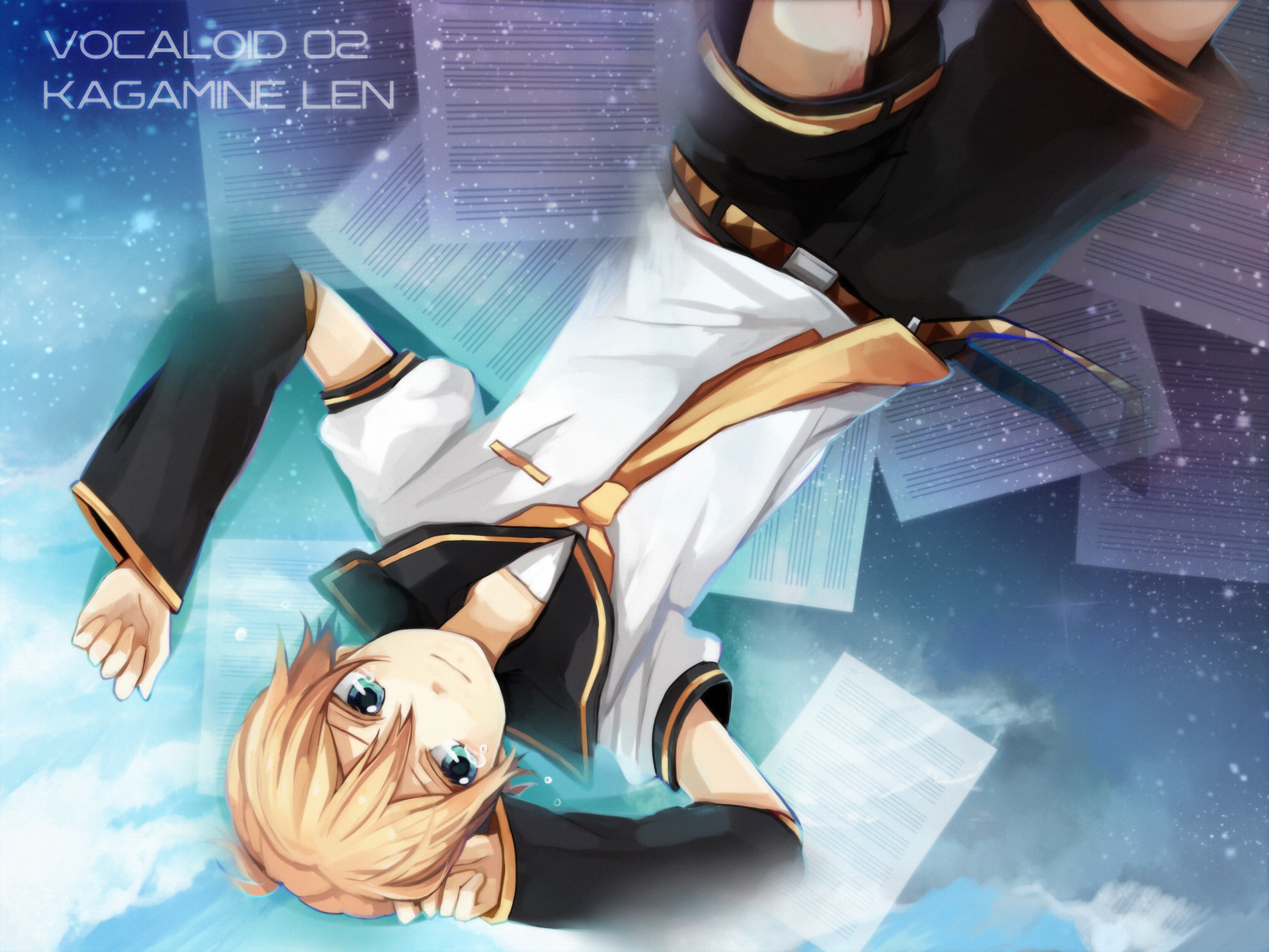 HD PC desktop wallpaper background of Len Kagamine (Vocaloid, Anime), reclining against a starry, geometric blue sky.