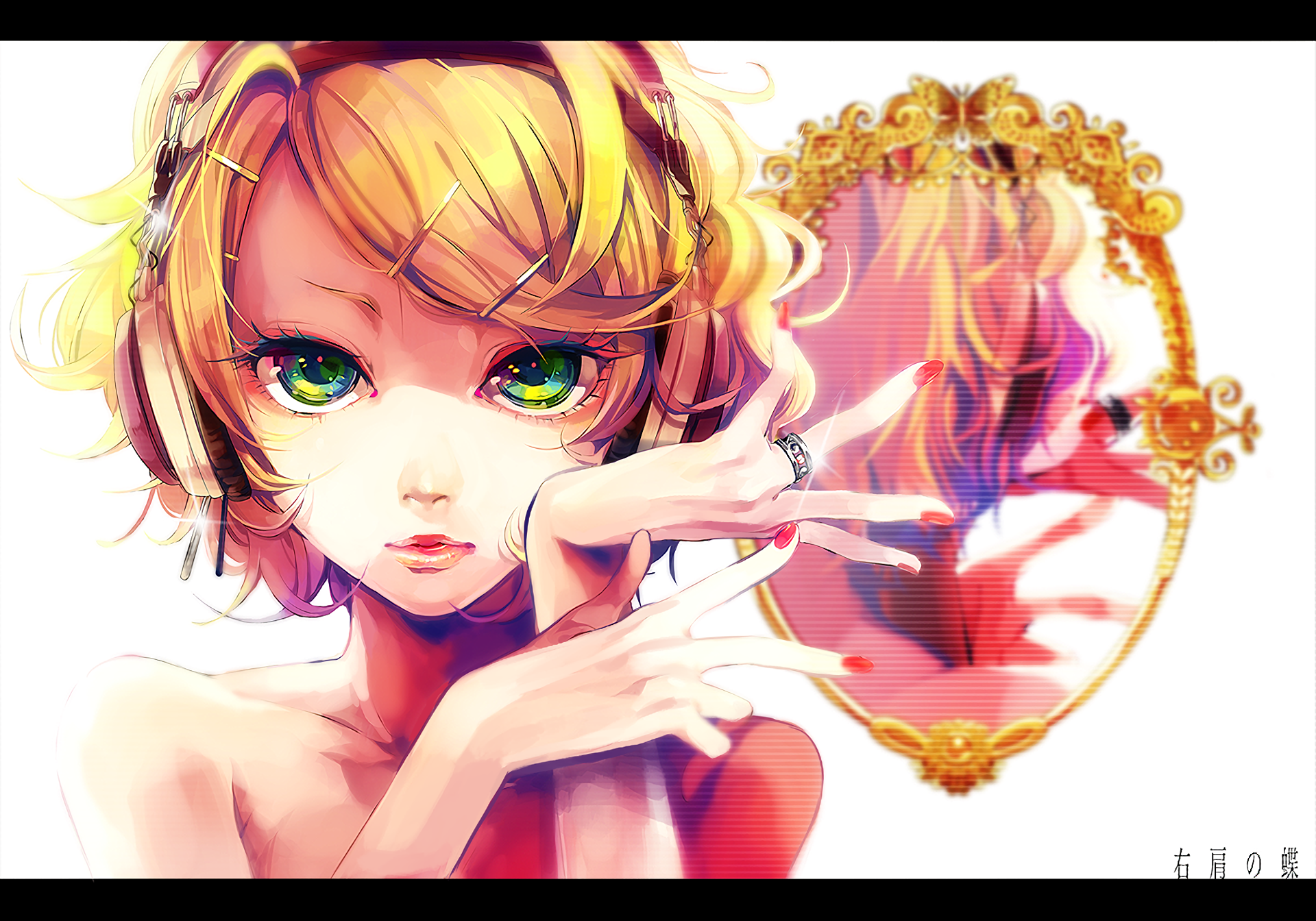 HD anime desktop wallpaper featuring Rin Kagamine from Vocaloid with vibrant colors and detailed expression, set against a decorative golden mirror background.