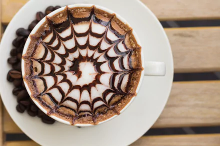 A close-up view of a coffee cup with a beautifully designed foam art resembling a spider web, placed on a saucer with coffee beans, creating an inviting desktop wallpaper.