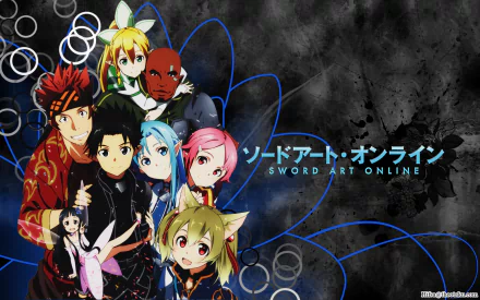 A vibrant HD wallpaper featuring characters from Sword Art Online, including Kirito, Asuna, Leafa, and Silica, surrounded by dynamic blue and black patterns.