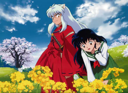 InuYasha and Kagome stand amidst vibrant flowers, surrounded by a picturesque landscape. This HD wallpaper captures the essence of the beloved anime series, InuYasha.