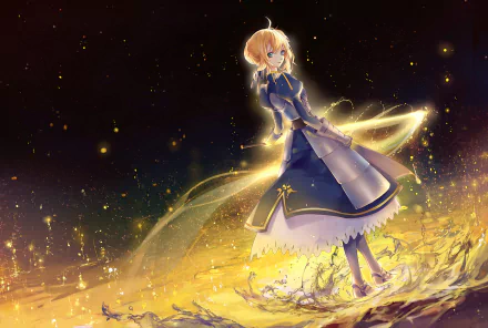 A captivating HD desktop wallpaper featuring Saber from the Fate Series, standing amidst a magical scene with swirling lights and vibrant colors, embodying the essence of Fate/Stay Night.