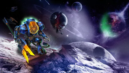 HD PC desktop wallpaper featuring Anhur from the video game Smite, set in a vibrant cosmic landscape with planets and futuristic elements.