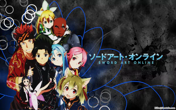 A vibrant HD wallpaper featuring characters from Sword Art Online, including Kirito, Asuna, Leafa, and Silica, surrounded by dynamic blue and black patterns.