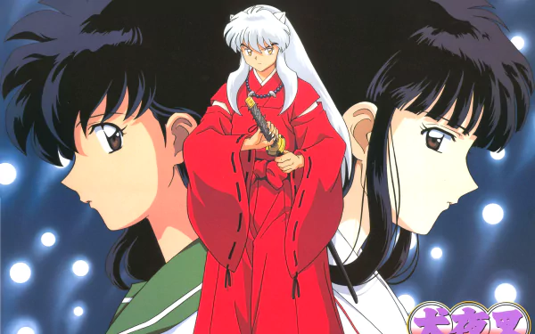 HD desktop wallpaper featuring InuYasha, the iconic anime character, flanked by two female characters, set against a dreamy background with twinkling lights.